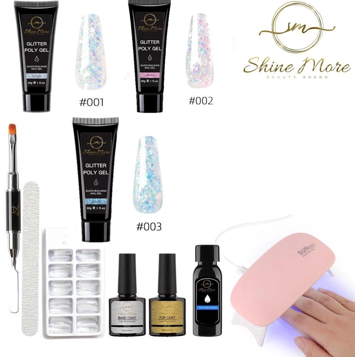Shinemore ® Poly Gel Kit - Gellak Starters Pakket Incl. UV Nageldroger - 3 Kleuren Polygel - Nageltips - Top & Base Coat - Nageldroger - Poly Acryl Nagels - Polygel Set - White Glitter , Pink Glitter , Blue Glitter 1 Shinemore ® Poly Gel Kit - Gellak Starters Pakket Incl. UV Nageldroger - 3 Kleuren Polygel - Nageltips - Top & Base Coat - Nageldroger - Poly Acryl Nagels - Polygel Set - White Glitter , Pink Glitter , Blue Glitter