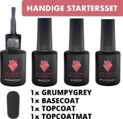 #GRUMPYGREYSERIE - Influence Gellac - Grijze Gellak - Gellak Grijs UV - UV Gellak - Gel Nagellak - Basecoat - Topcoat - Topcoatmat - No Wipe - Startersset - Kado Vrouw - Valentijns Cadeau - Kado Voor Haar - 4 X 10 Ml