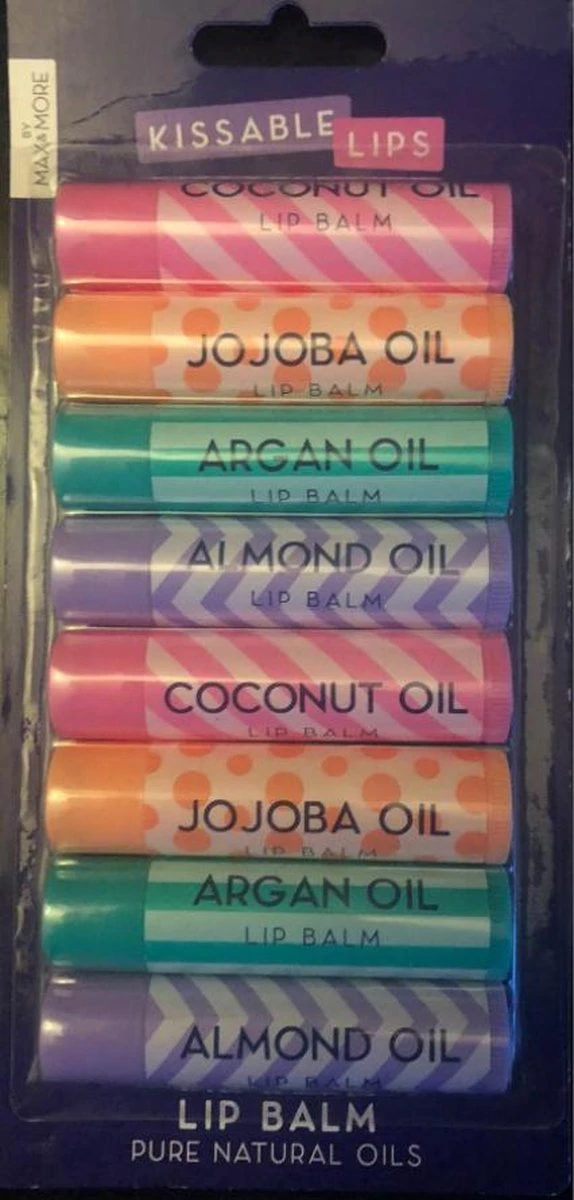 MAX Lippenbalsem 8 Stuks In Diverse Smaken 2 X Coconut - 2 X Argan -2 X Jojoba -2 X Almond - Lippen Balsem 1 MAX Lippenbalsem 8 Stuks In Diverse Smaken 2 X Coconut - 2 X Argan -2 X Jojoba -2 X Almond - Lippen Balsem