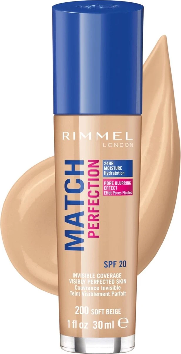 Rimmel London Match Perfection Foundation - 200 Soft Beige - Beige 2 Rimmel London Match Perfection Foundation - 200 Soft Beige - Beige - Afbeelding 2