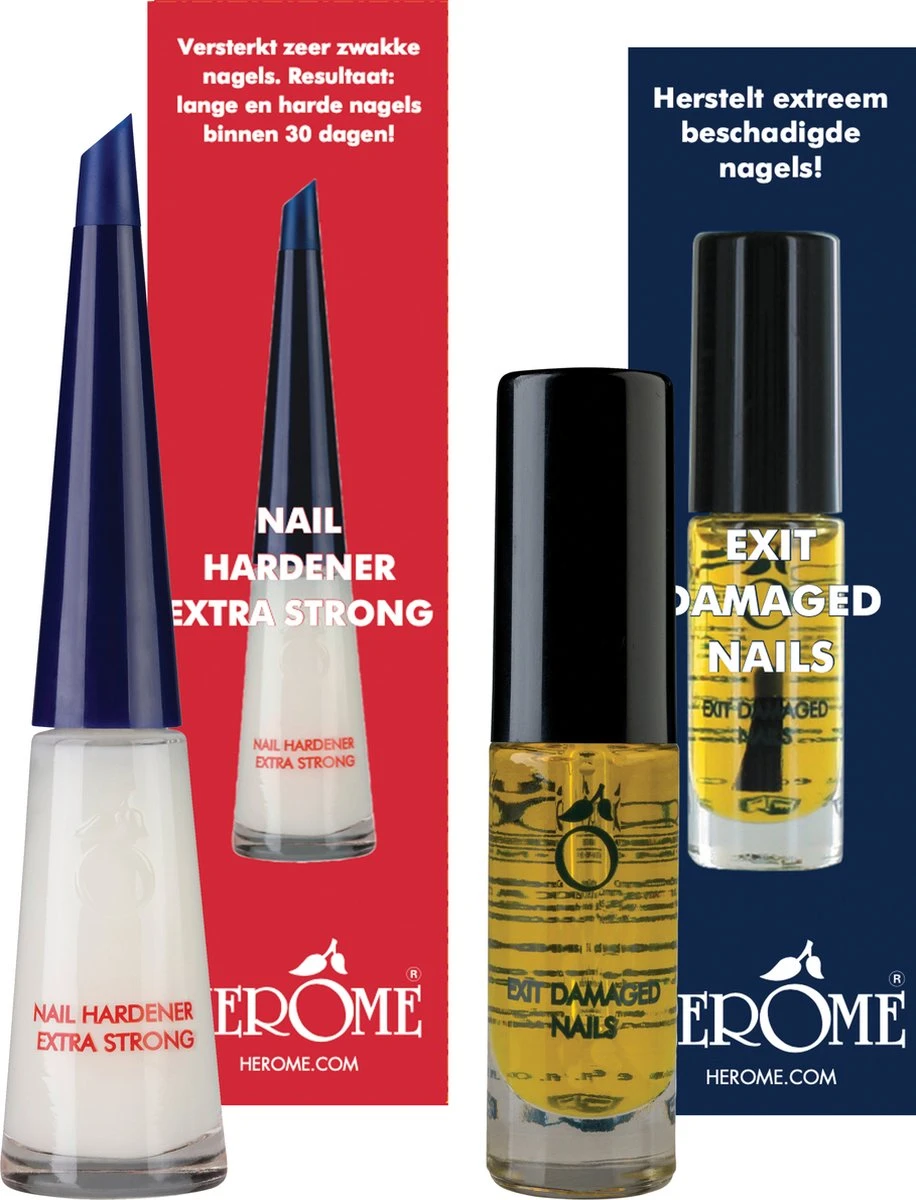 Herome Combi-Pack Exit Damaged Nails & Nagelverharder Extra Sterk (Nail Hardener Extra Strong) - Herstelt Beschadigde Nagels En Zorgt Voor Ijzersterke Nagels - 7ml. & 10ml. 1 Herome Combi-Pack Exit Damaged Nails & Nagelverharder Extra Sterk (Nail Hardener Extra Strong) - Herstelt Beschadigde Nagels En Zorgt Voor Ijzersterke Nagels - 7ml. & 10ml.